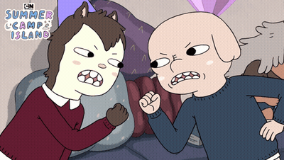 Two Cartoon Characters Standing Next To Each Other With The Words Summer Camp Island On The Bottom Right GIF