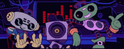 Two Cartoon Characters Standing Next To Speakers GIF