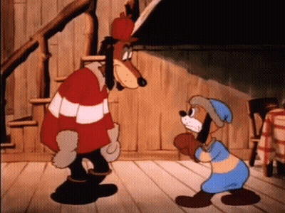Two Cartoon Characters Standing On Wood Floor GIF