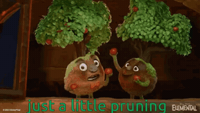 Two Cartoon Characters Standing With Just A Little Pruning GIF