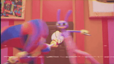 Two Cartoon Characters Sword Fighting By Door GIF