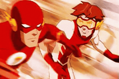 Two Cartoon Characters , The Flash And Young Justice , Are Flying Together . GIF