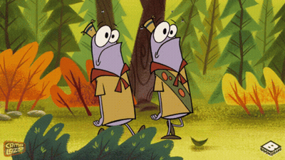 Two Cartoon Characters Walking In Woods Camp Bizz GIF