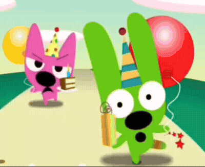 Two Cartoon Characters Wearing Party Hats And Holding Balloons Are Standing Next To Each Other GIF