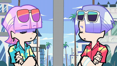 Two Cartoon Characters Wearing Sunglasses Are Standing Next To Each Other With Their Arms Crossed GIF