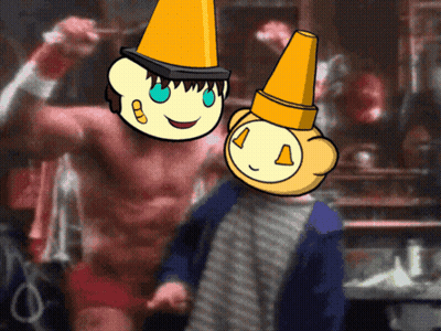 Two Cartoon Characters With Cones On Heads GIF