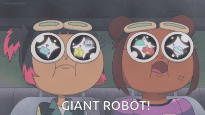 Two Cartoon Characters With Giant Robot GIF