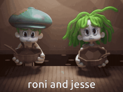 Two Cartoon Characters With Green Hair And The Words Roni And Jesse Above Them GIF