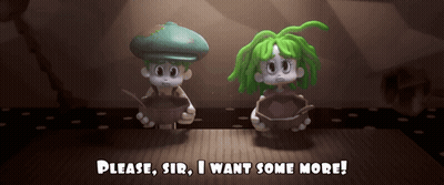 Two Cartoon Characters With Green Hair Are Sitting At A Table And One Of Them Says Please Sir I Want Some More GIF