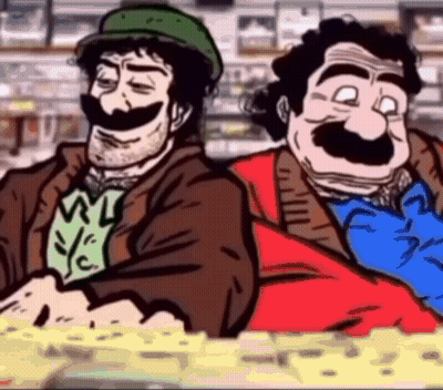 Two Cartoon Characters With Mustaches Sitting In Store GIF