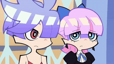 Two Cartoon Characters With Purple Hair And Pink Hair GIF