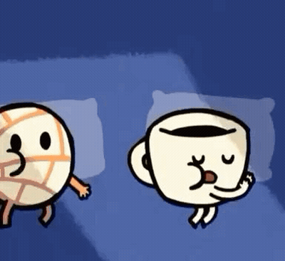Two Cartoon Characters With Volleyball And Coffee On Bed GIF