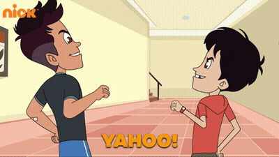 Two Cartoon Characters With Yahoo In Orange GIF
