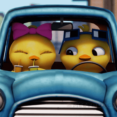Two Cartoon Chickens Are Sitting In A Blue Car And One Has A Bow On Her Head GIF