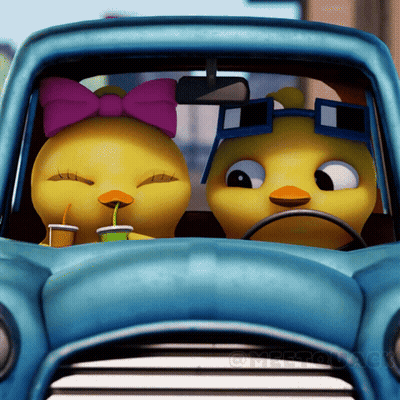 Two Cartoon Chickens In Blue Car One With Pink Bow GIF