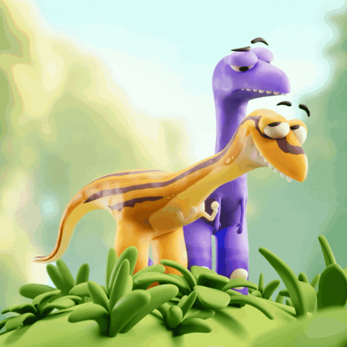 Two Cartoon Dinosaurs Are Standing Next To Each Other On A Grassy Hill GIF