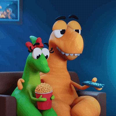 Two Cartoon Dinosaurs Eating Popcorn Watching TV GIF