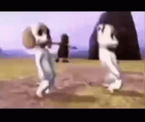 Two Cartoon Dogs Are Dancing In A Field With A Woman In The Background . GIF