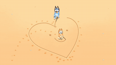 Two Cartoon Dogs Are Drawing A Heart In The Sand GIF