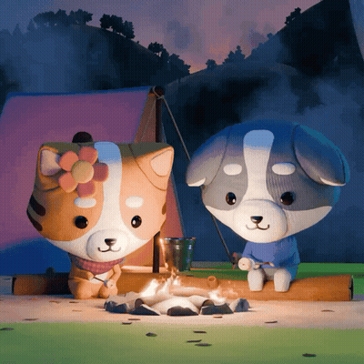 Two Cartoon Dogs Are Sitting Around A Campfire GIF