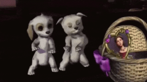 Two Cartoon Dogs Are Standing Next To A Basket With A Picture Of A Woman In It . GIF