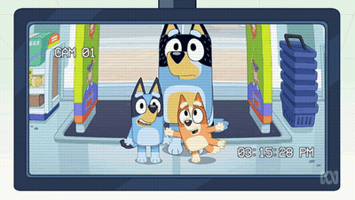 Two Cartoon Dogs Are Standing Next To Each Other In A Store With The Time Of 03:15:28 Pm Displayed On The Screen GIF