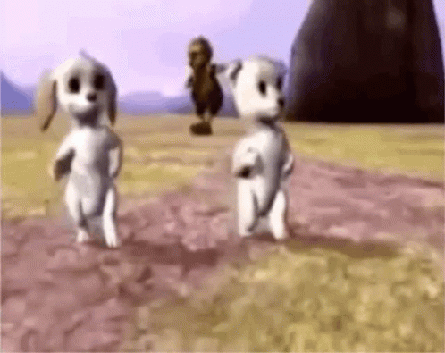 Two Cartoon Dogs Are Walking In A Field With A Camel In The Background . GIF