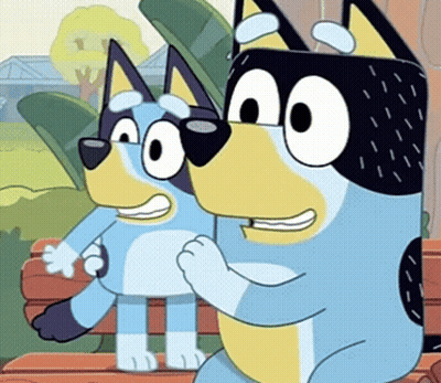 Two Cartoon Dogs Sitting On Bench Smiling GIF