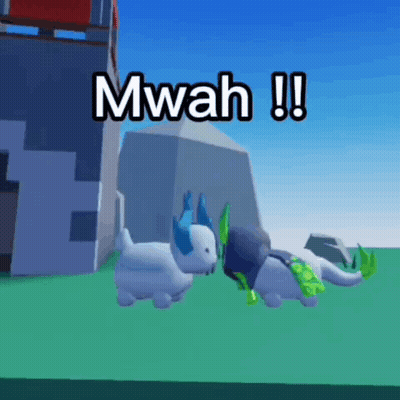 Two Cartoon Dogs With Horns Are Standing Next To Each Other With The Words Mwah !! Written Above Them GIF