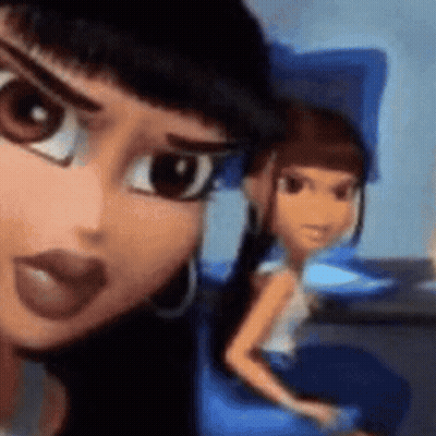 Two Cartoon Dolls Sitting On A Chair GIF