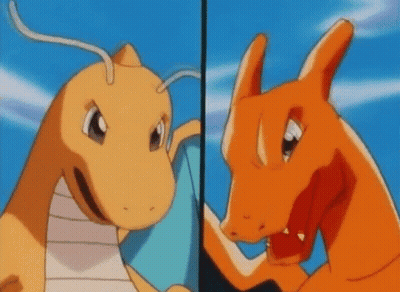 Two Cartoon Dragons Standing Facing Each Other GIF