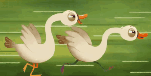 Two Cartoon Ducks Are Running In A Race On A Green Field GIF