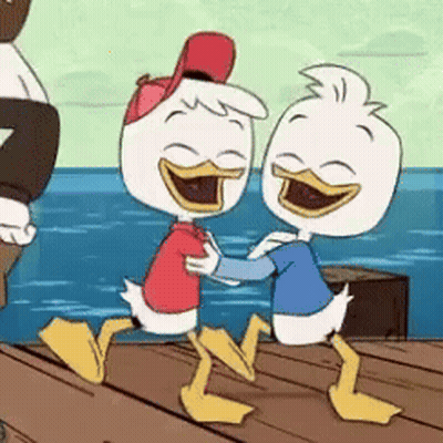 Two Cartoon Ducks Hugging On A Dock GIF