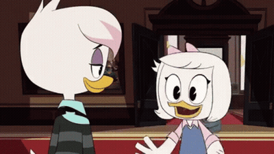 Two Cartoon Ducks Standing In Hallway GIF