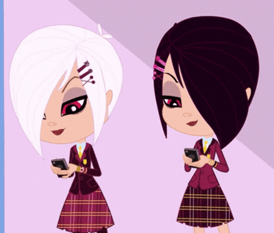 Two Cartoon Girls Are Standing Next To Each Other And Looking At Their Cell Phones GIF