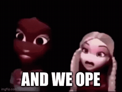 Two Cartoon Girls Are Standing Next To Each Other In A Dark Room With The Words `` And We Ope '' . GIF