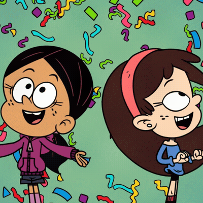 Two Cartoon Girls Are Standing Next To Each Other With Confetti Flying Around Them GIF