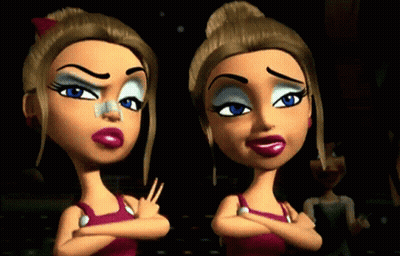 two cartoon girls are standing next to each other with their arms crossed and one has a needle in her nose