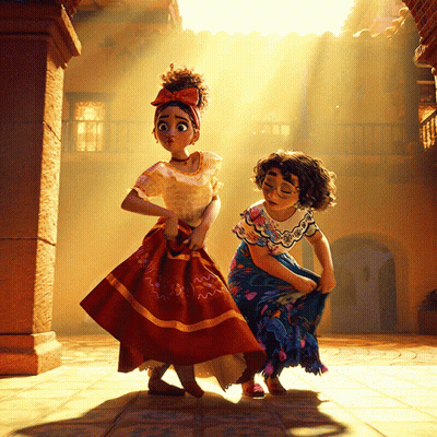 Two Cartoon Girls Dancing In Courtyard GIF