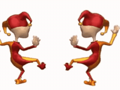 two cartoon jesters are dancing together with their arms outstretched