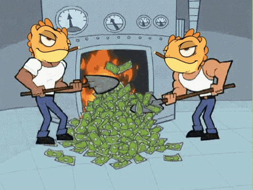 Two Cartoon Lizards Are Shoveling Money Into A Fire GIF