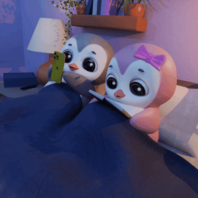 Two Cartoon Penguins In Bed On Phone GIF