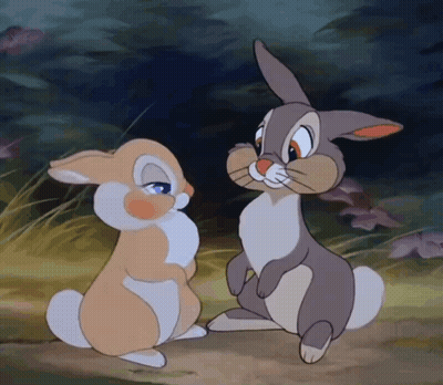Two Cartoon Rabbits Are Looking At Each Other In A Field GIF