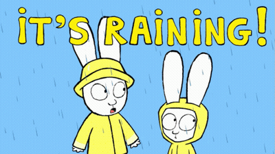 Two Cartoon Rabbits In Yellow Raincoats With The Words It 'S Raining GIF