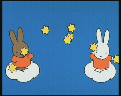 Two Cartoon Rabbits Sitting on Clouds Holding Stars