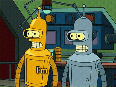 Two Cartoon Robots Are Standing Next To Each Other And One Of Them Has The Word I 'M On It GIF