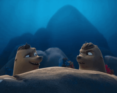 Two Cartoon Seals Are Looking At Each Other In The Water GIF