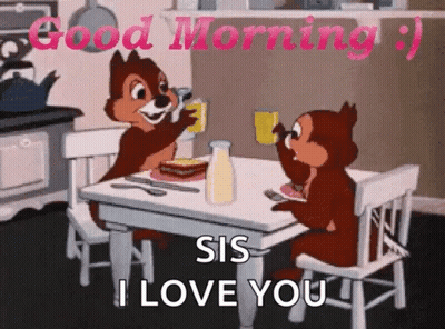 Two Cartoon Squirrels Are Sitting At A Table And Saying Good Morning . GIF