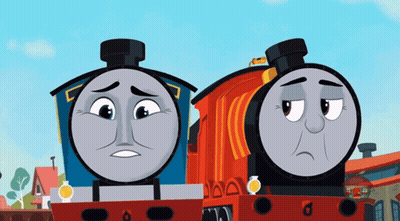 Two Cartoon Trains Are Standing Next To Each Other With Sad Faces On Their Faces GIF