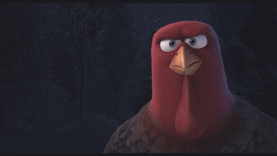 Two Cartoon Turkeys Are Standing Next To Each Other In The Dark GIF